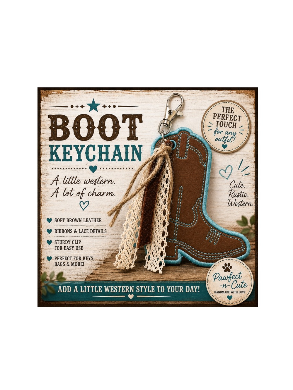 Western Brown and Turquoise Boot Keychain - Unbranded handmade